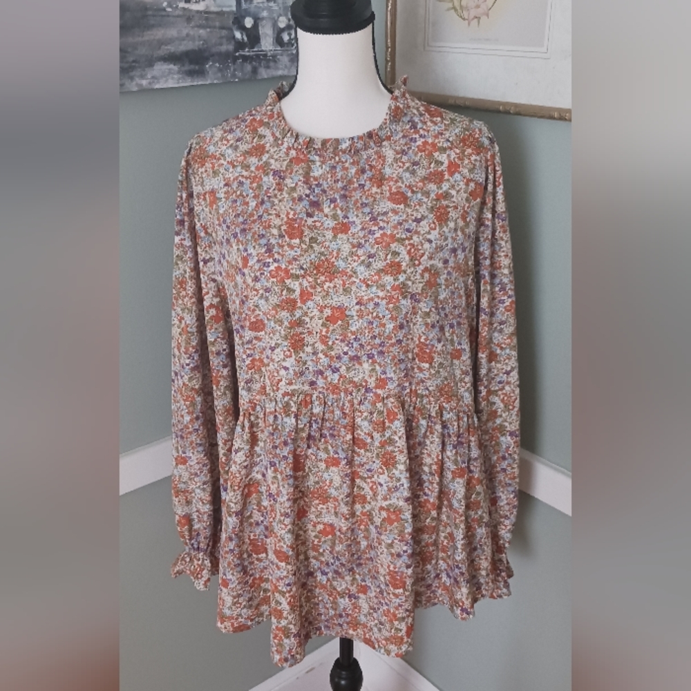 Hailey & Co Multicolor Floral Print Long Sleeve Peasant Style Blouse Size 1X
